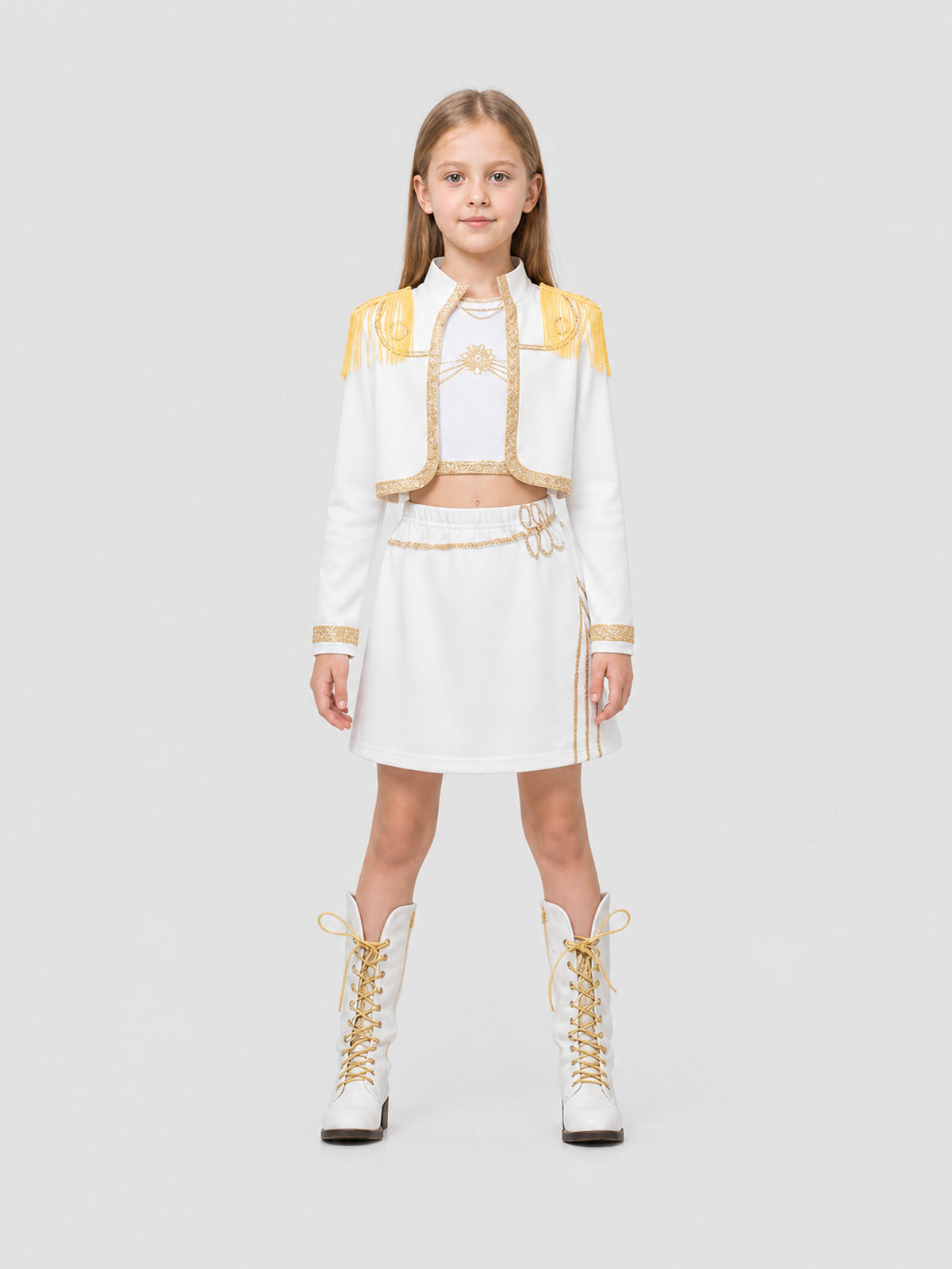 White Children’s Demon Hunter Costume with Gold Fringe on-model view