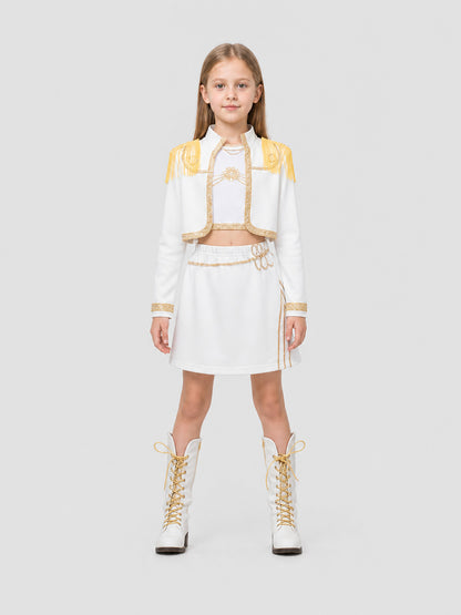 White Children’s Demon Hunter Costume with Gold Fringe on-model view