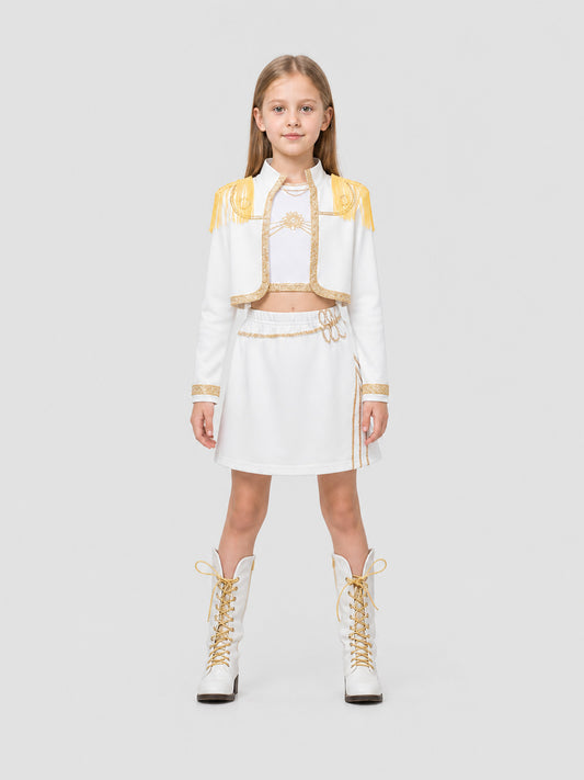 White Children’s Demon Hunter Costume with Gold Fringe on-model view