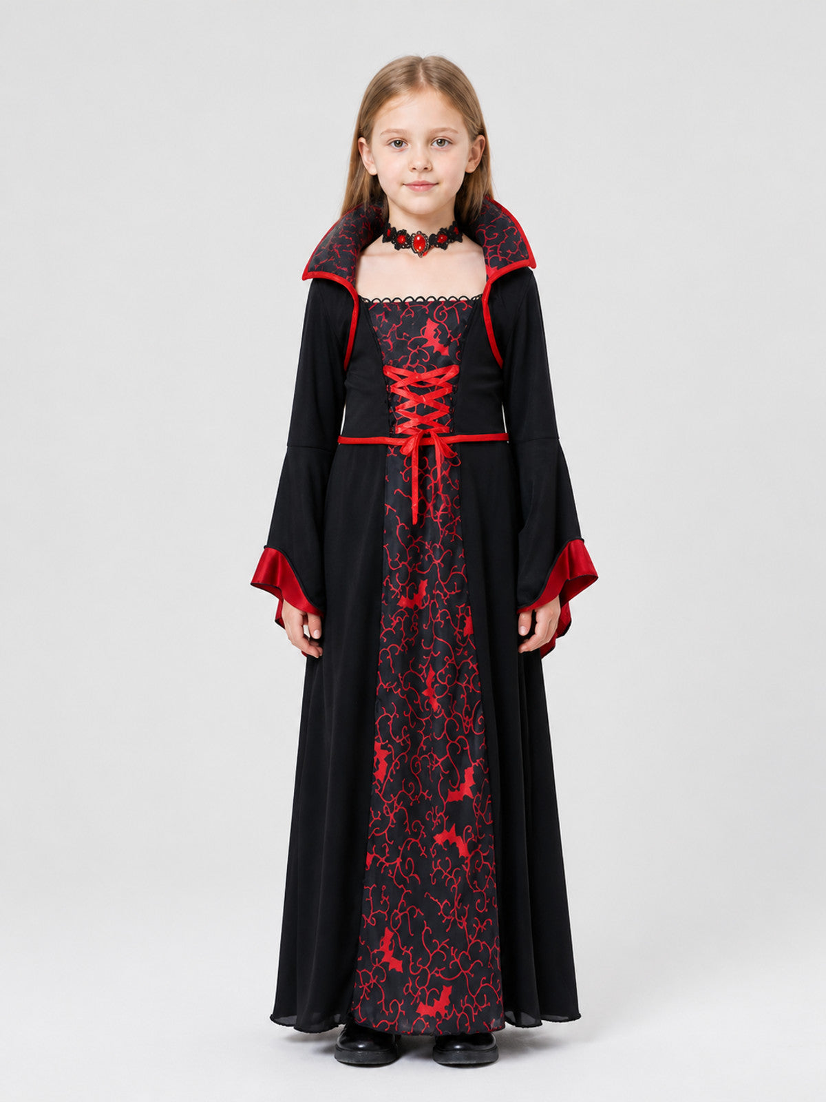 Children's Black and Red Vampire Dress with Necklace on-model view