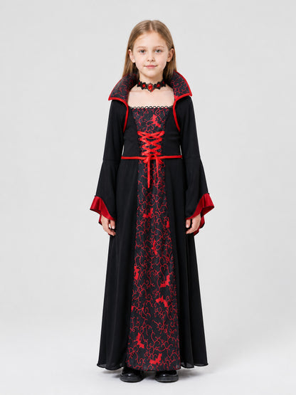Children's Black and Red Vampire Dress with Necklace on-model view