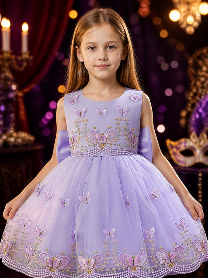 Girls' Lavender Princess Dress with Butterfly Embroidery and Bow Details on-model view
