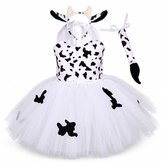 Baby Girls Halloween Animal Cosplay Costume Kids Forest Theme Giraffe Cows Tiger Leopard Zebra Print Tutu Dress Birthday Party - Color:1