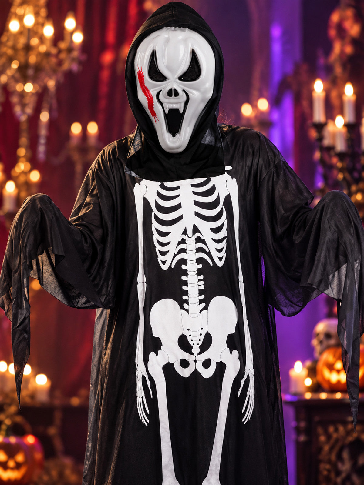 Skeleton Costume: Robe with White Print, Mask