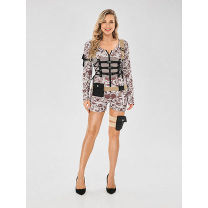 This tactical-style romper with shorts is suitable for creating a pilot look, stage costume, or outfit for a themed party or Halloween. The design combines long sleeves with short legs, while digital camouflage covers the sleeves, upper sec