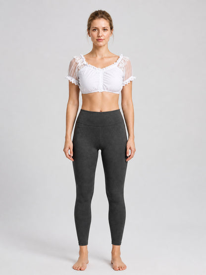 White Cropped Lace Top with Mesh Sleeves on-model view