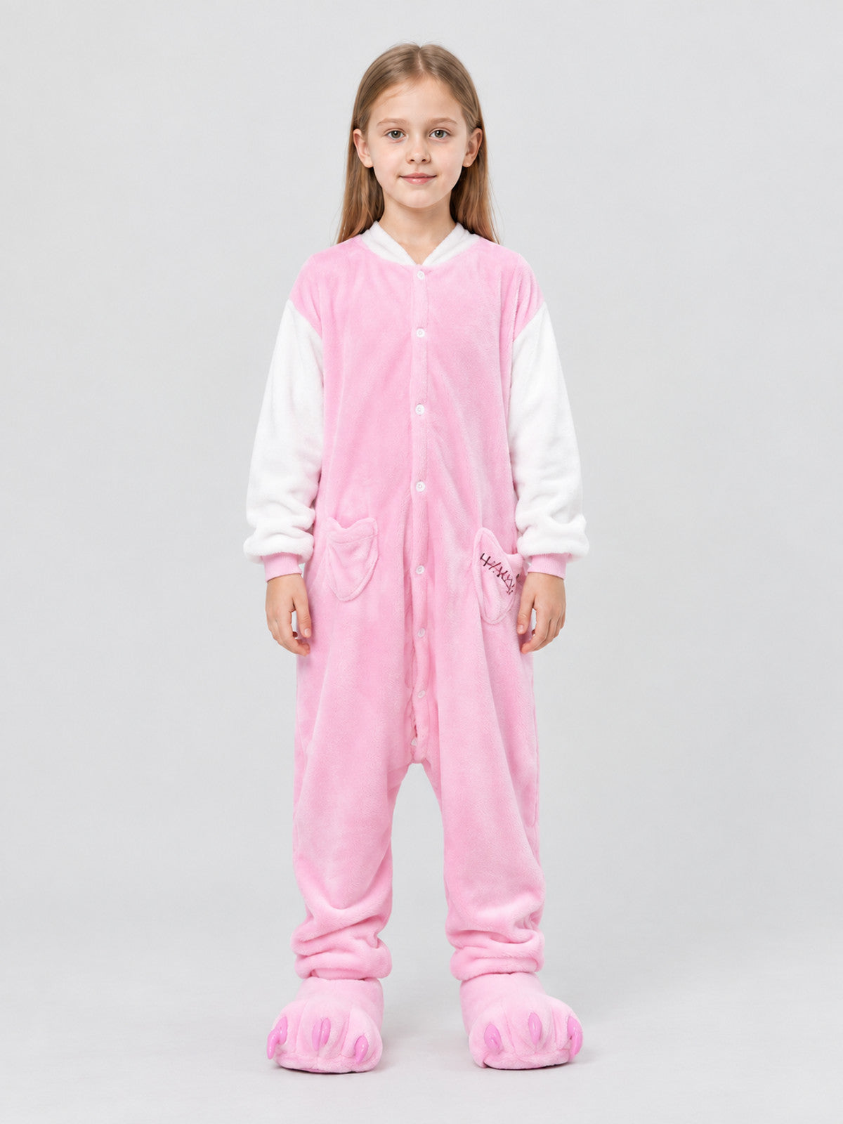 Pink and white jumpsuit pajama with cartoon paw design