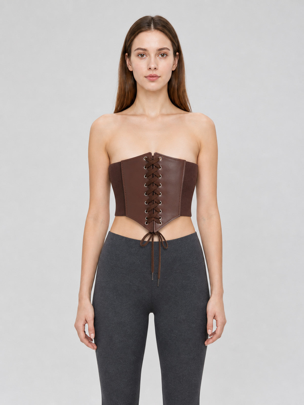 Wide Brown Lace-Up Corset Belt front view