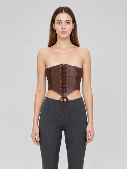 Wide Brown Lace-Up Corset Belt front view