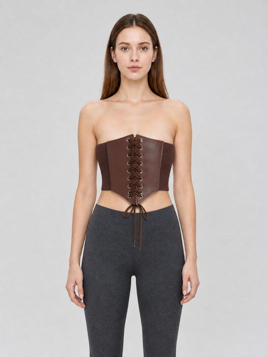 Wide Brown Lace-Up Corset Belt front view