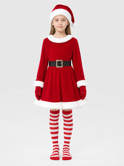 Santa Claus Costume, Dress with Belt, Hat, and Gloves on-model view