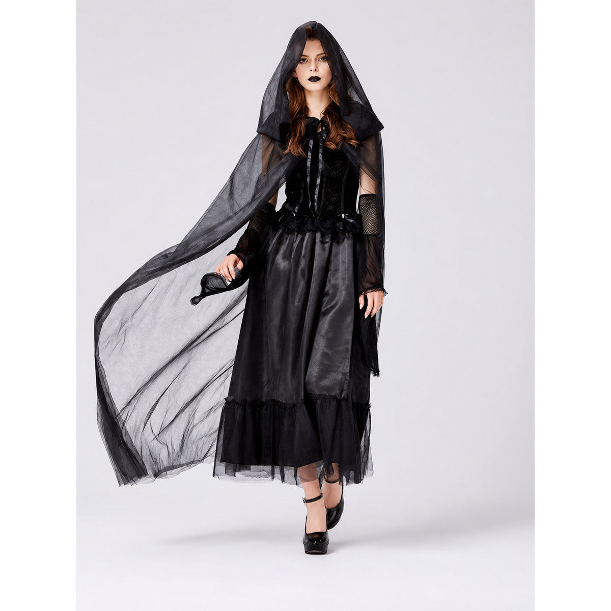 Gothic Hooded Dress Costume for Halloween on-model view