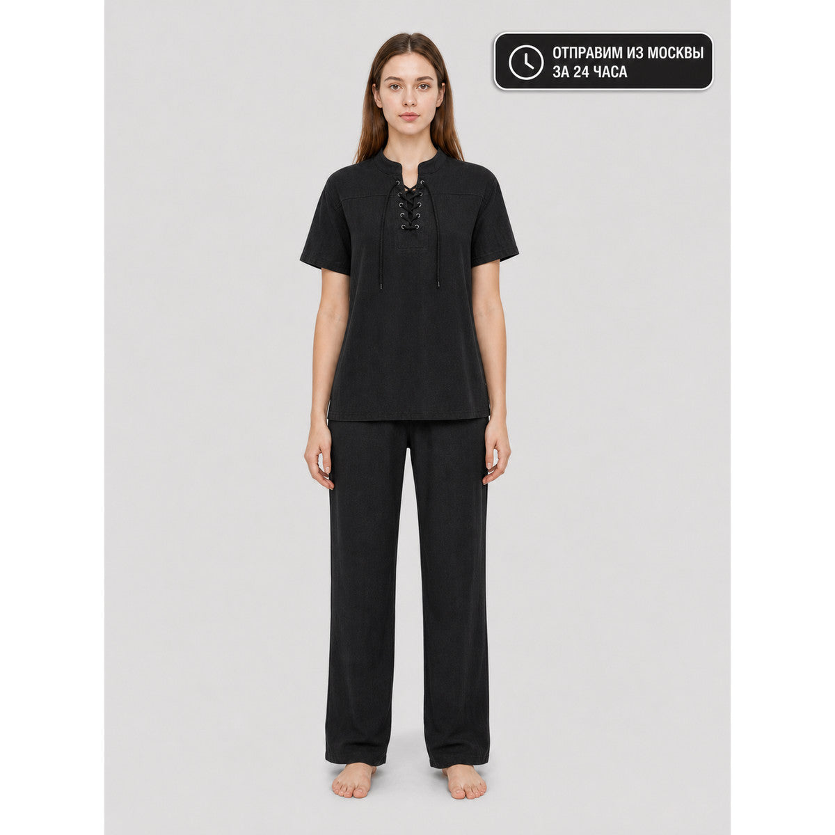Short-Sleeve Lace-Up Shirt, Black