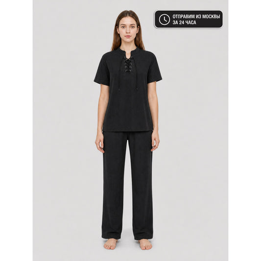 Short-Sleeve Lace-Up Shirt, Black main product view