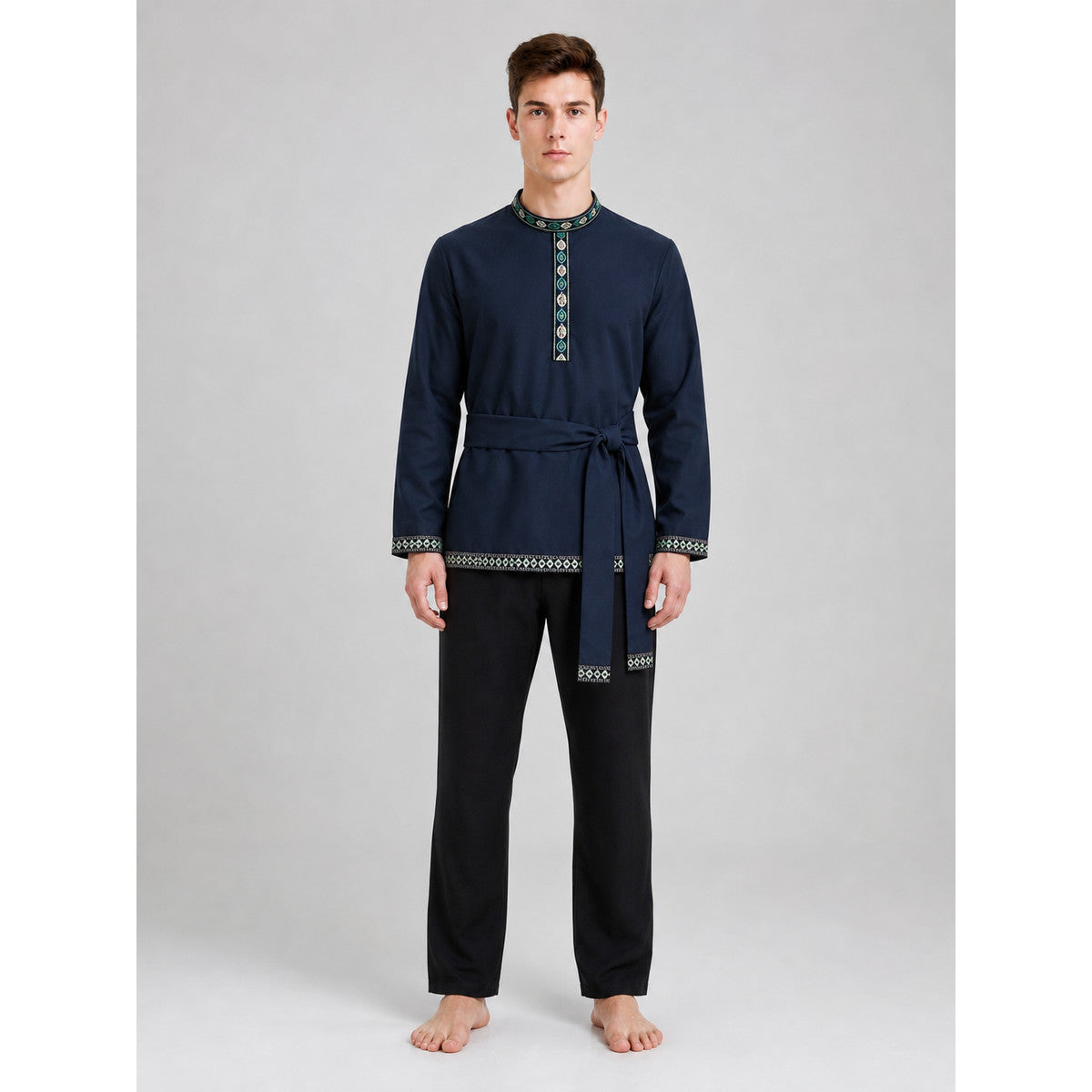 Tunic with a Belt and Embroidery, Dark Blue