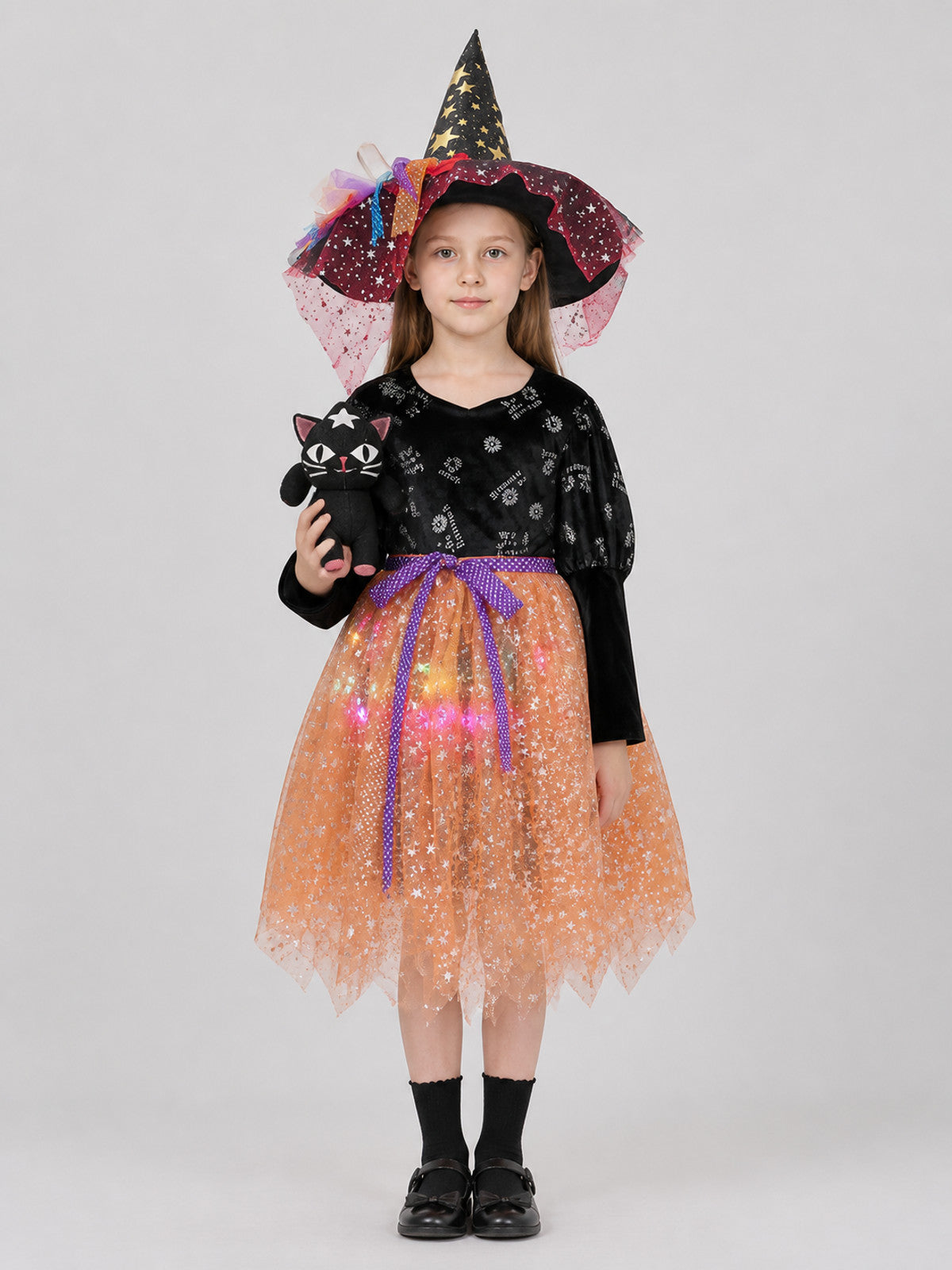 Halloween Witch Costume: Dress, Hat, and Cat on-model view