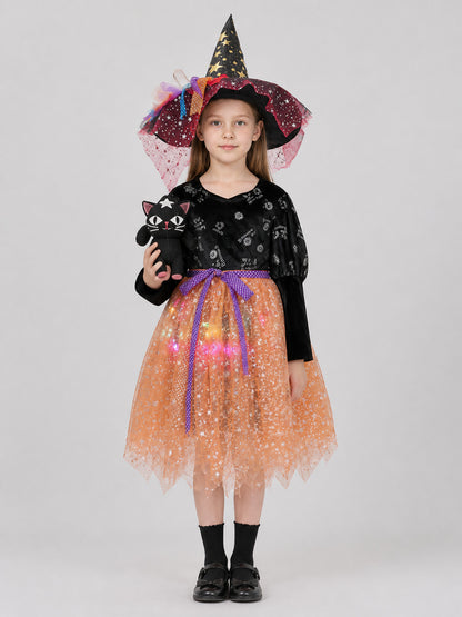 Halloween Witch Costume: Dress, Hat, and Cat on-model view