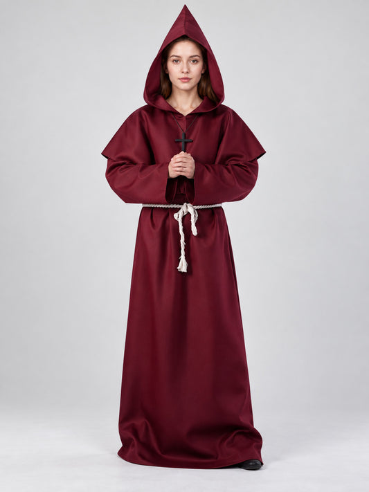 Burgundy monk costume with hood and cross on-model view