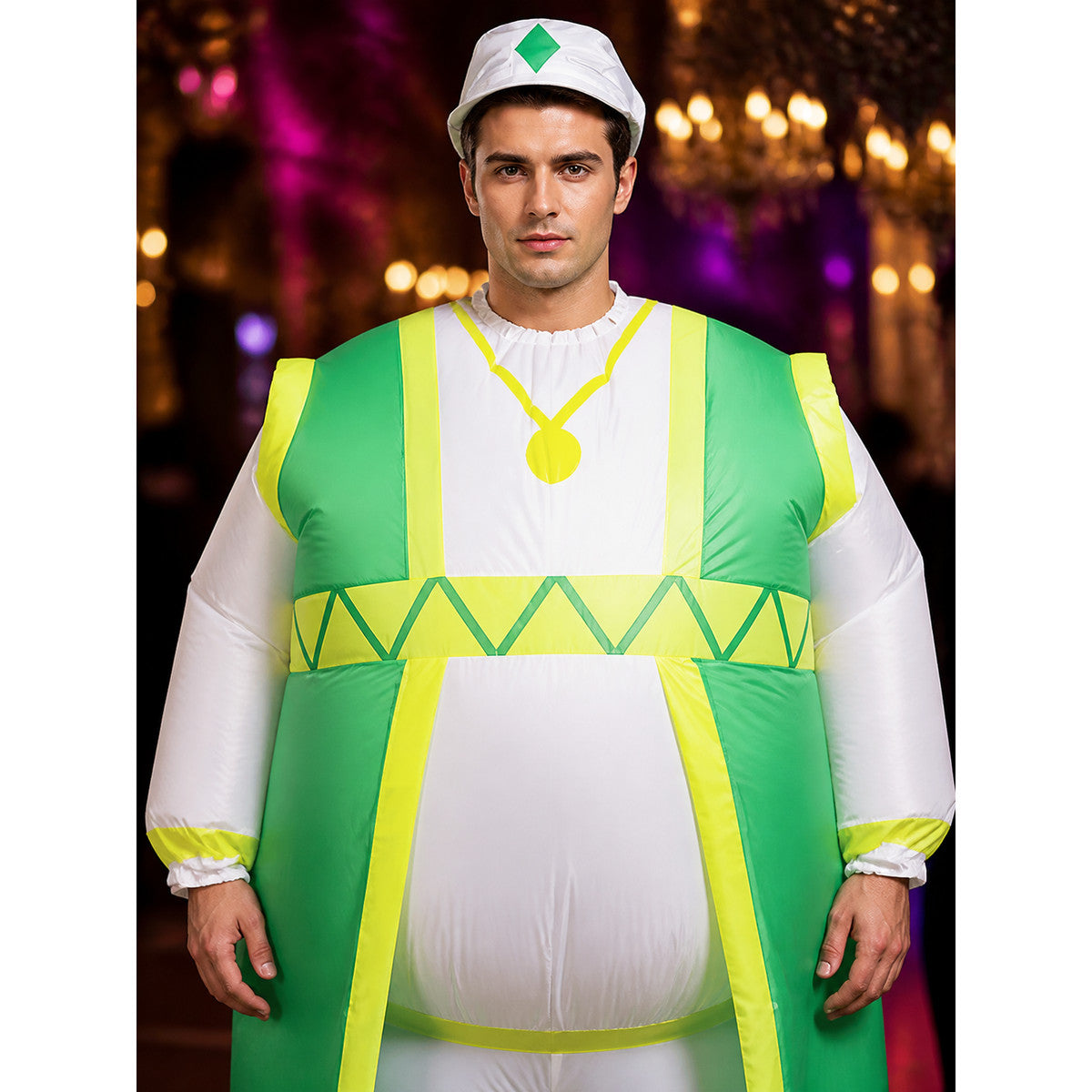 Adult Cartoon Mouse Inflatable Costume, Green-Yellow Coat with Silver Hat for on-model view