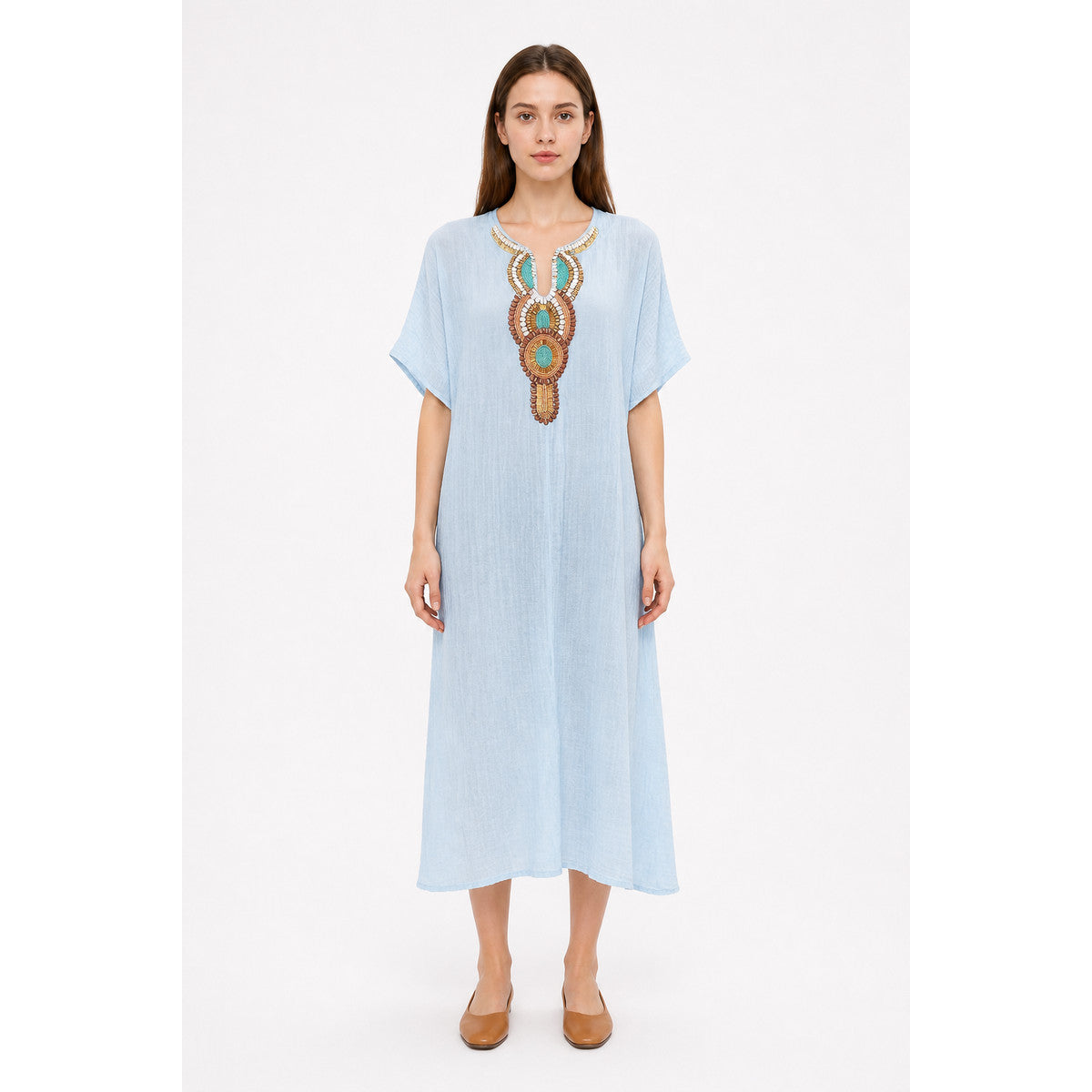 Loose-Fit Embroidered Midi Dress with Short Sleeves main product view