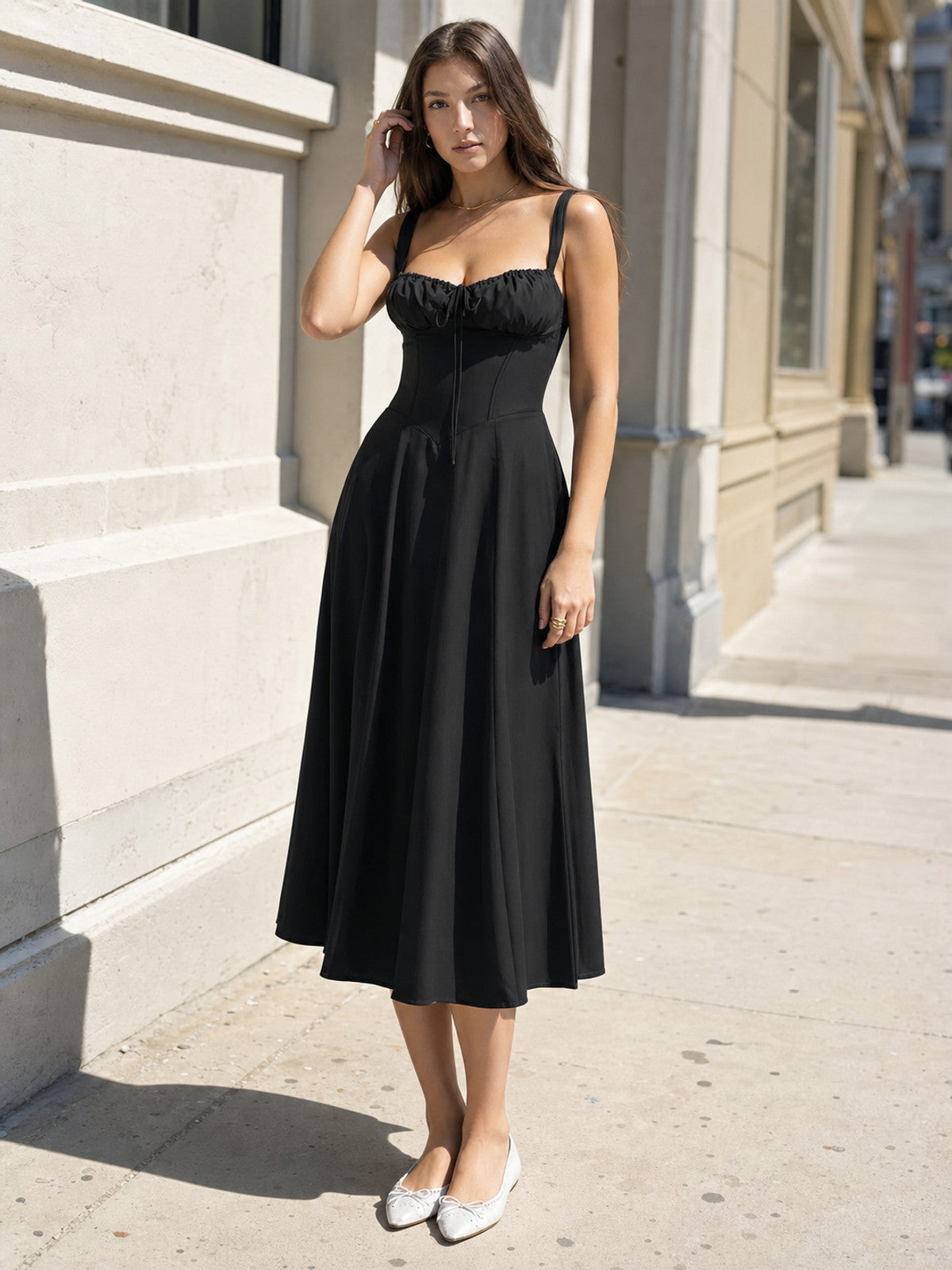 Women’s Black Midi Dress with Thin Straps and Tie Detail main product view