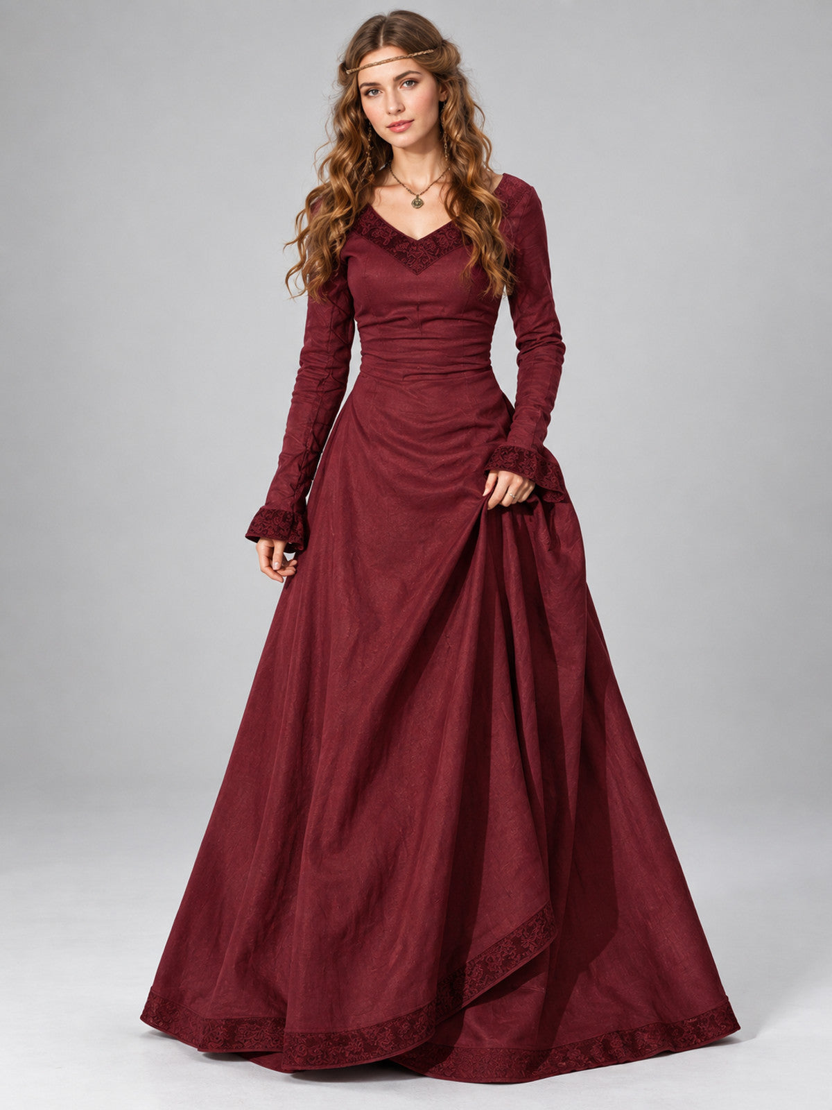 Vintage Burgundy Dress with Lace Trim and Full Skirt