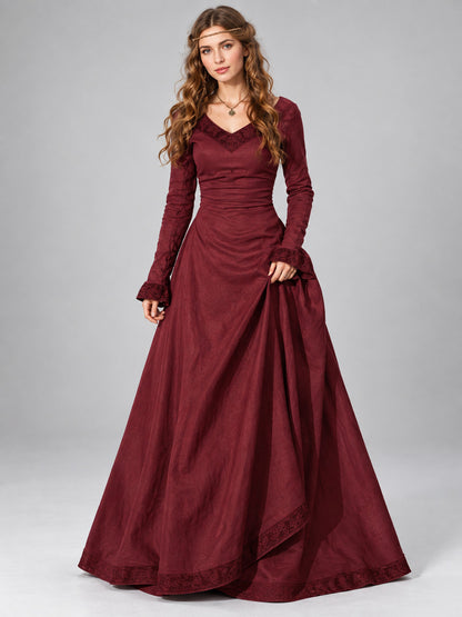 Vintage Burgundy Dress with Lace Trim and Full Skirt
