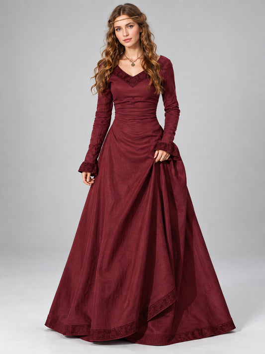Vintage Burgundy Dress with Lace Trim and Full Skirt