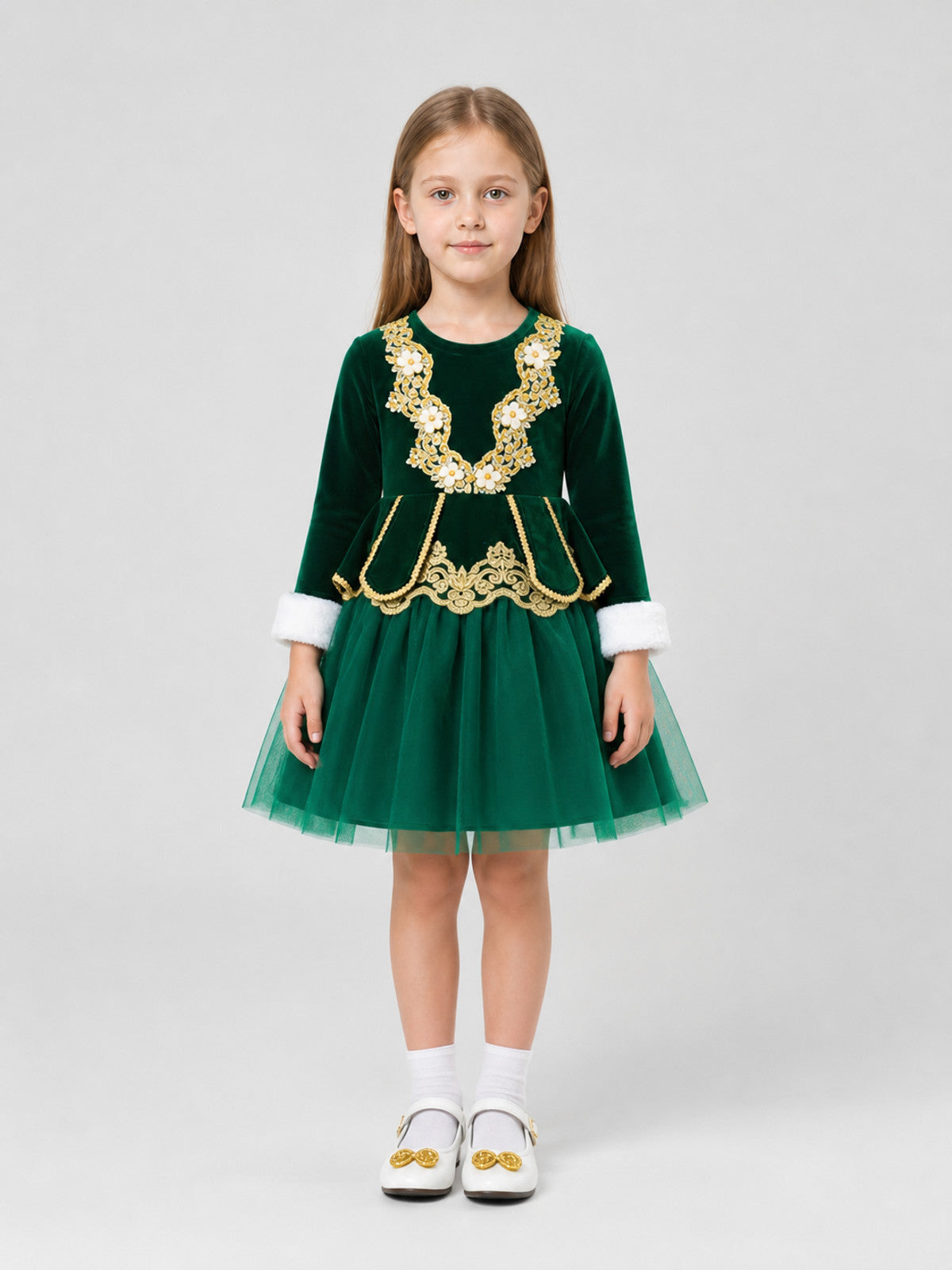 Children’s Christmas Dress with Full Skirt and Embroidery on-model view