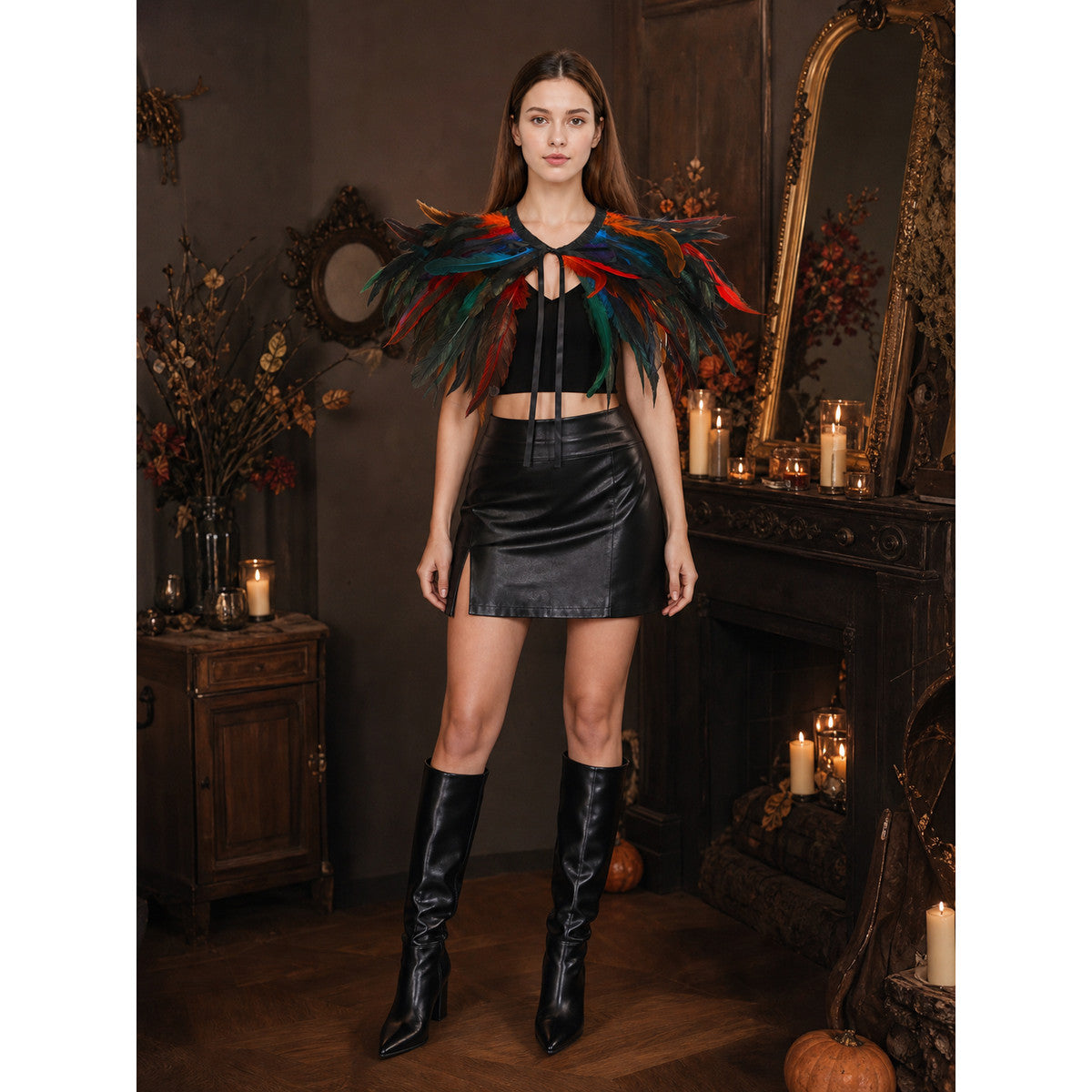 Multicolor Feather Cape Halloween Costume, 2-Layer Feather Shoulder Wrap with Black Front Tie, Cosplay Cape for Role Play Theme Party