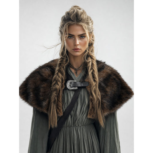 Fur Shoulder Shawl with Buckle, Brown