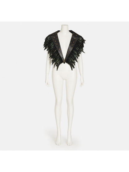 Halloween Costume Accessory Black Feather Trim Collar with Gold Studs Pointed