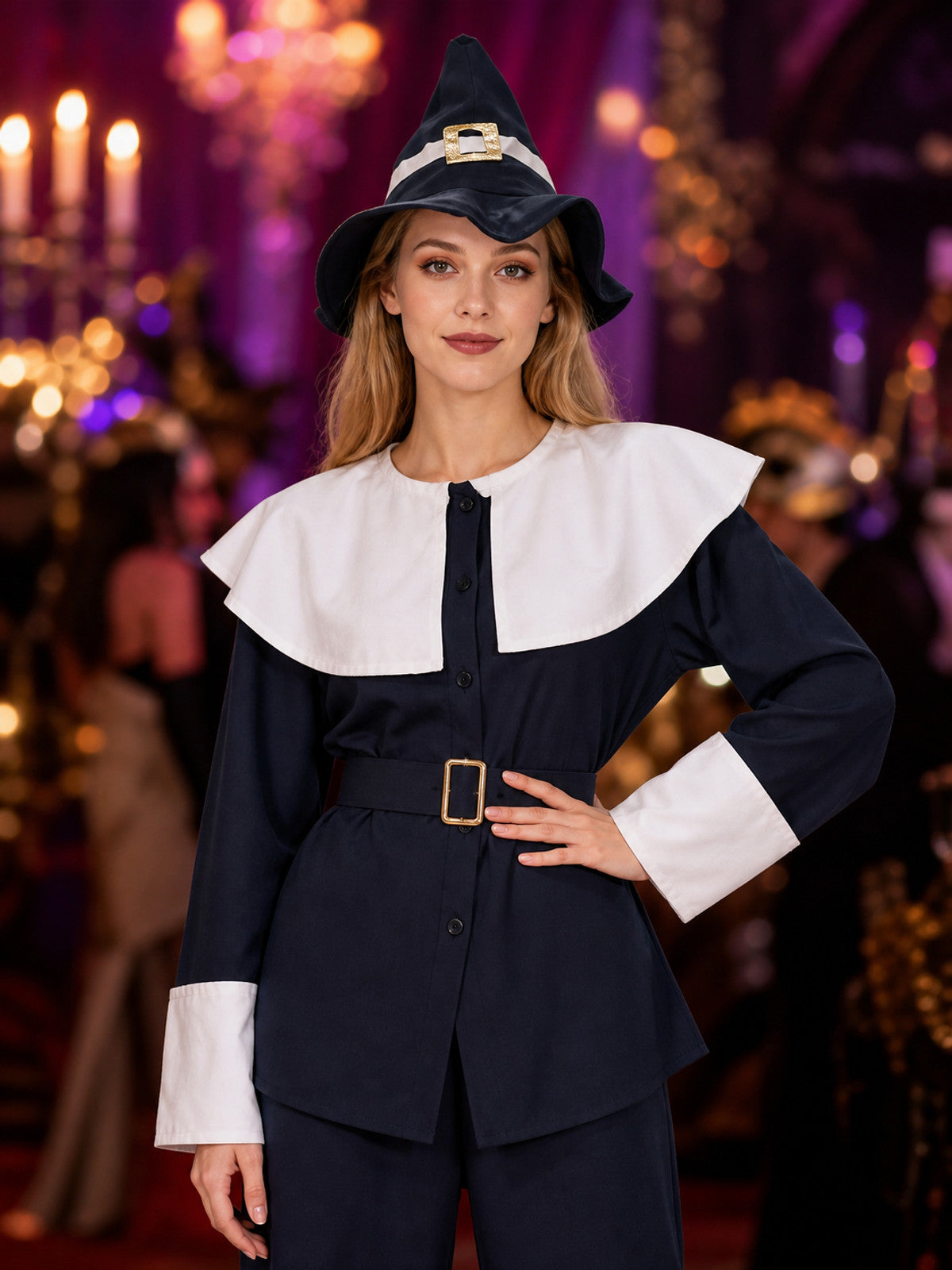 Witch Costume with Pointed Hat for Halloween on-model view