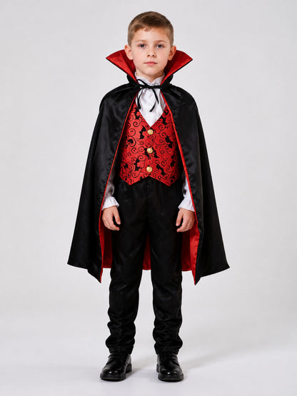 Children's vampire costume with cape, vest, and pants on-model view