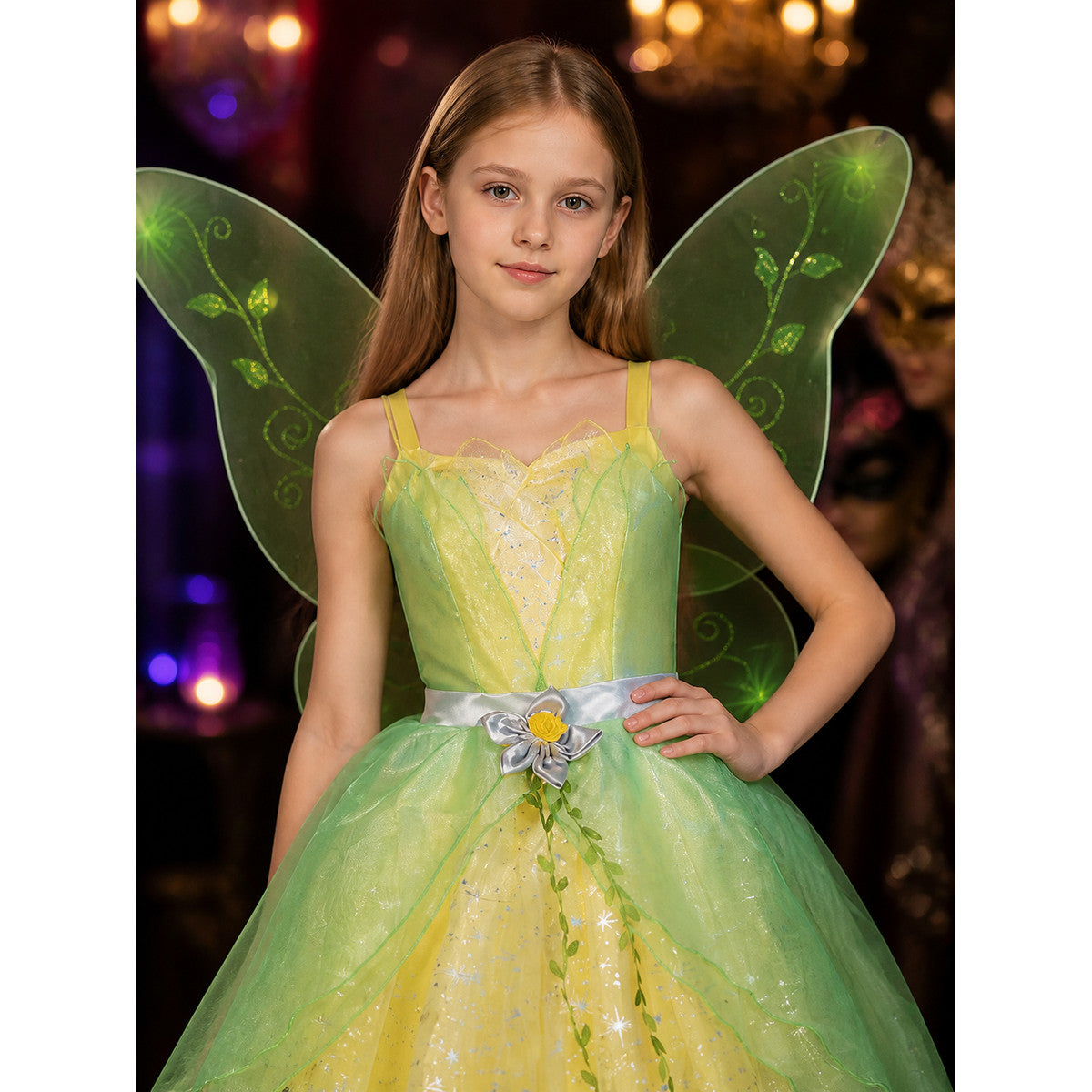 Girls' Princess Dress Costume with Butterfly Wings, Green & Yellow Star and Vine