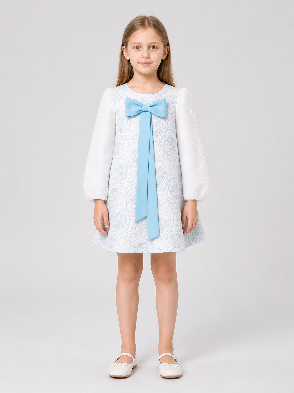 Children’s Dress with Bow, Full Skirt, Long Sleeves on-model view