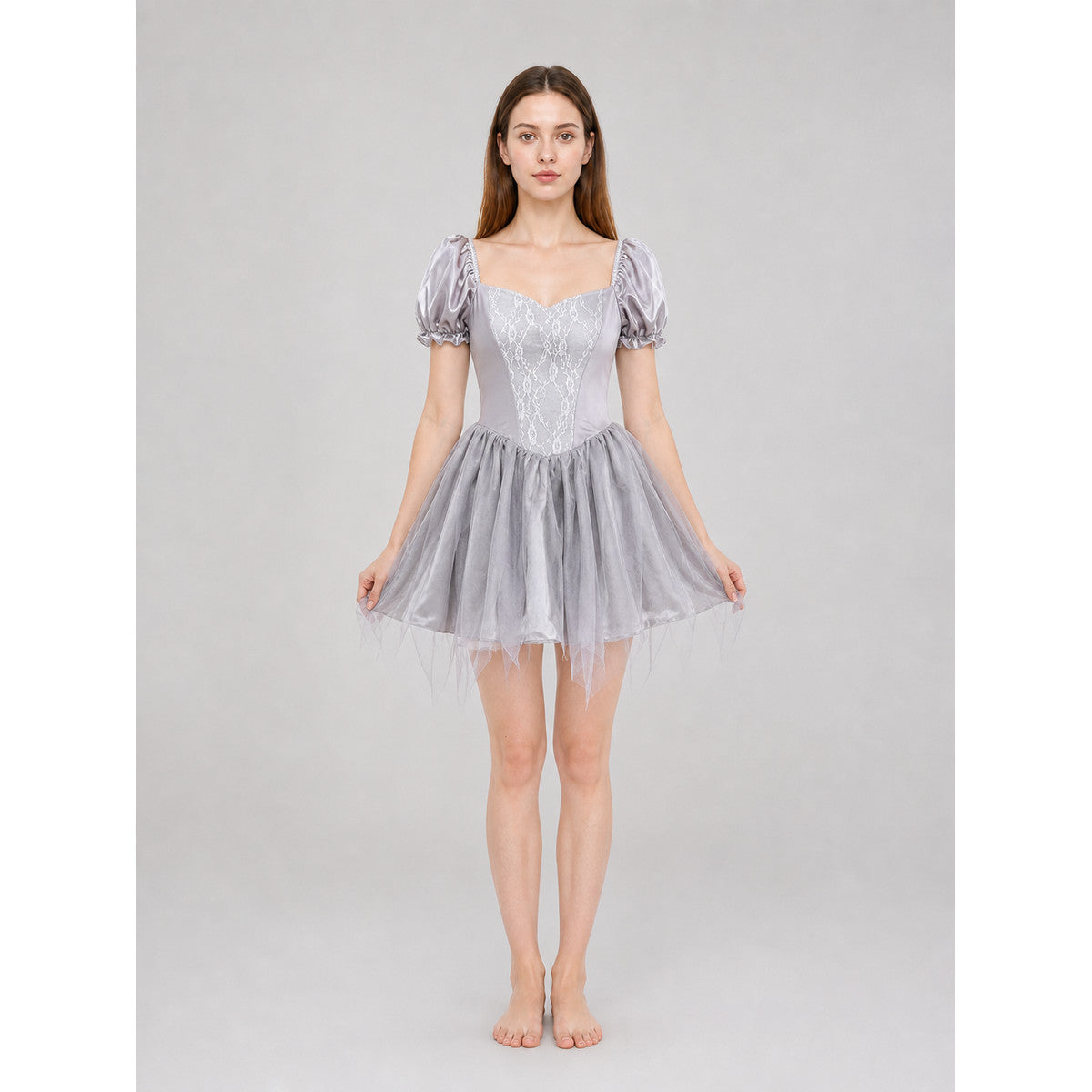 Ghost Bride Costume: Short Dress and Veil front view