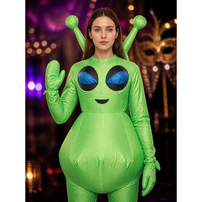 Adult Green Alien Costume Bodysuit with Antennae and Blue Eyes on-model view