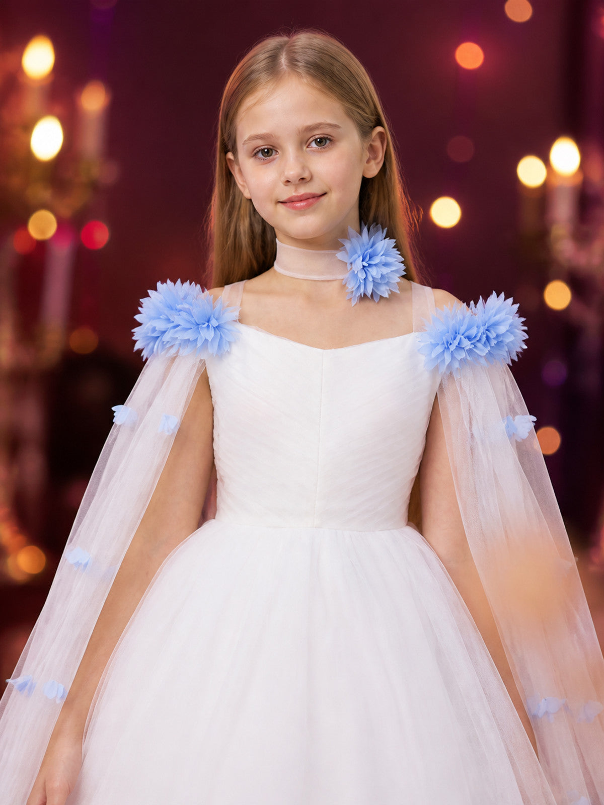 Girls' White and Light Blue Princess Dress, Long Tulle Performance Gown on-model view