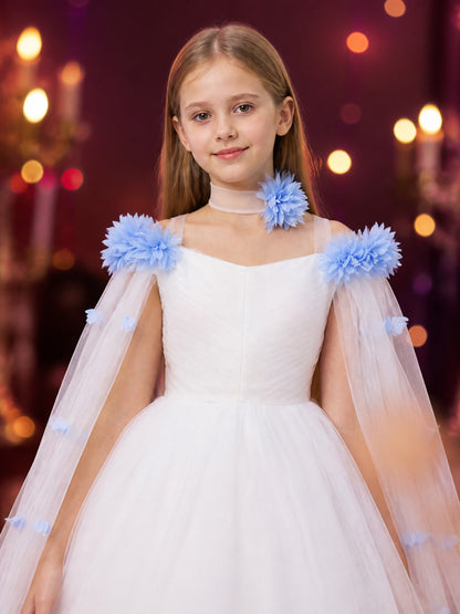 Girls' White and Light Blue Princess Dress, Long Tulle Performance Gown on-model view