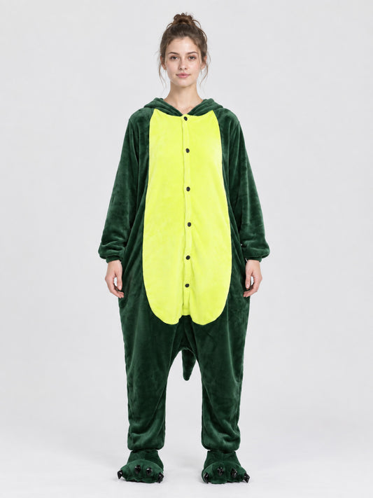Dark Green Pajama Jumpsuit with Cartoon Dinosaur