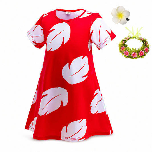 Experiment 626 Lilo Role Play Dress Hawaii Costume Children Red Frock Featured with White Feather Print - Color:dress style E