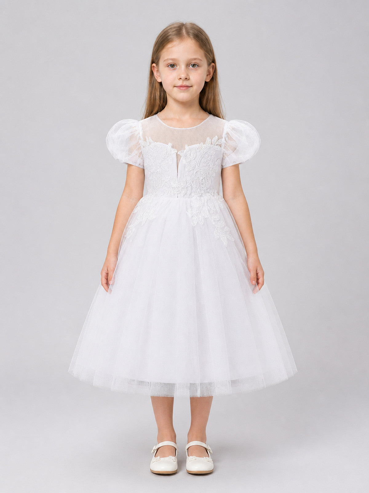 Princess Flower Girl Dress with Puff Sleeves for Weddings on-model view