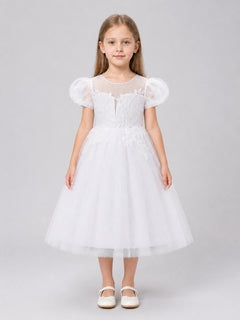 Princess Flower Girl Dress with Puff Sleeves for Weddings