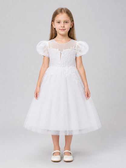 Princess Flower Girl Dress with Puff Sleeves for Weddings on-model view
