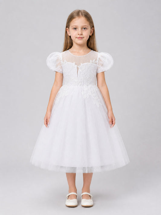 Princess Flower Girl Dress with Puff Sleeves for Weddings on-model view