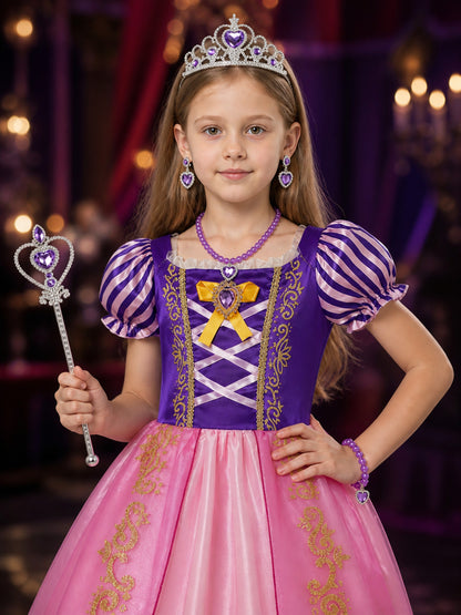 Girls Princess Tutu Dress Costume Set with Crown, Wand & Jewelry for Halloween on-model view