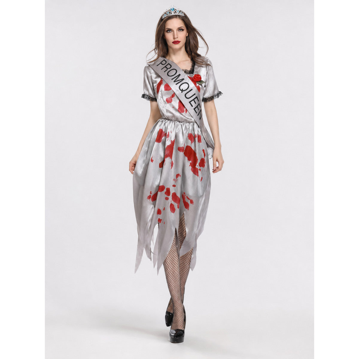 Zombie Queen Costume Dress with Tiara and Sash on-model view
