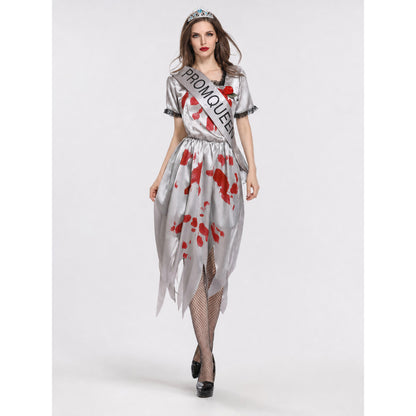 Zombie Queen Costume Dress with Tiara and Sash on-model view
