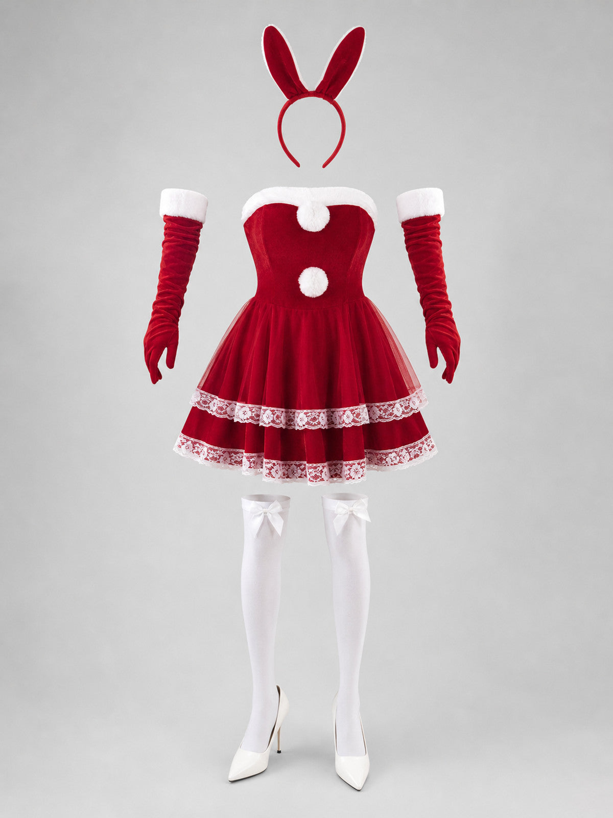 Red-and-White Bunny Costume for Cosplay and Parties on-model view
